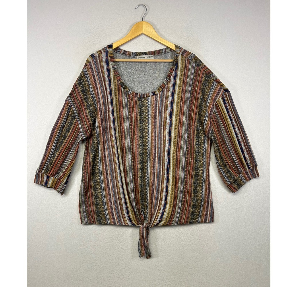 Boho Southwestern Absolutely Famous Women 2X‎ Multi Stripe Front Tie Knit Top